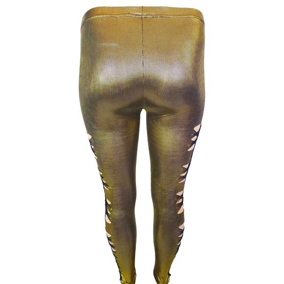 GOLDEN RADIANCE - 1XL/2XL - Leggings - Shimmering Gold w/ Stylish Side Cuts - Picture 6 of 7
